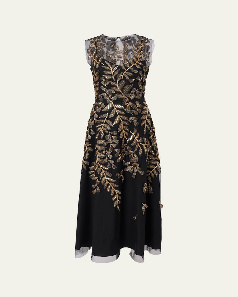 Gold Leaf-Embroidered Tulle Sleeveless Midi Dress